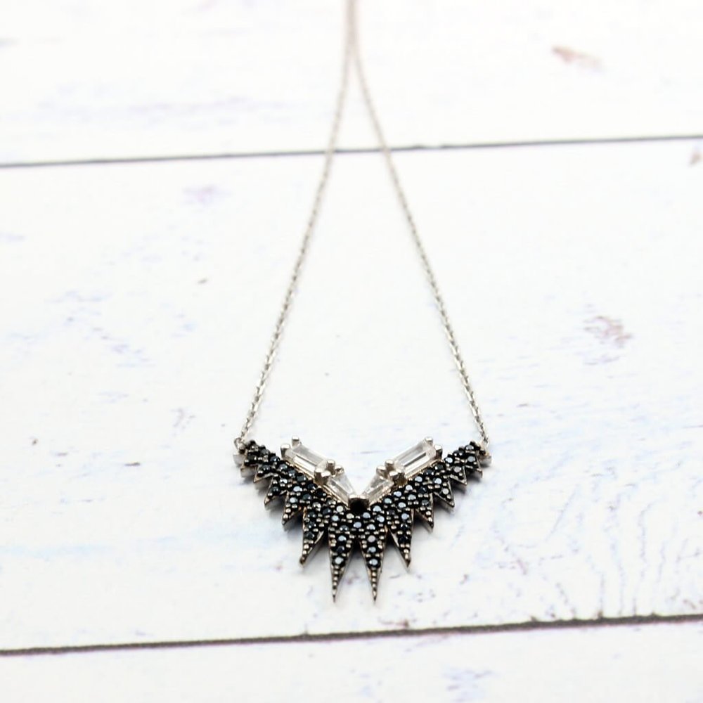 BLACK POINTED PENDANT BAGUETTE CUT CZ NECKLACE
